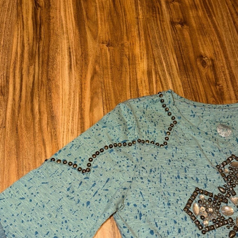 Double D Ranch women’s large shirt long sleeve Teal blue ombre cross embellish - Picture 4 of 11